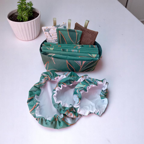 Kit cuisine zéro déchet, panière, 6 essuie-tout, 3 charlottes et 3 éponges