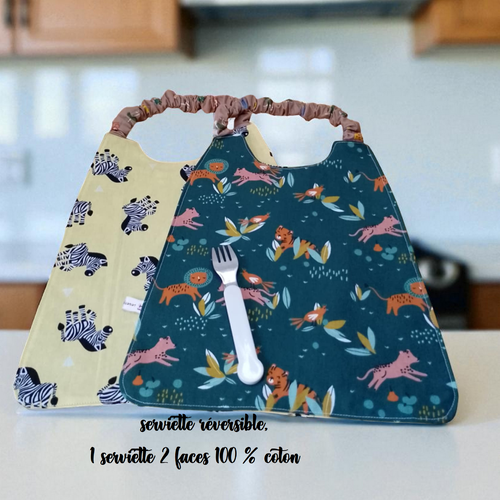 Serviette de cantine élastique réversible enfant, bavoir maternelle, modèle au choix
