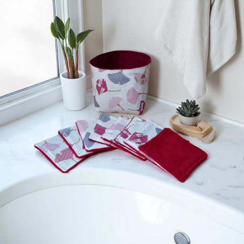 Panière et 8 lingettes lavables en éponge de bambou et coton certifié oekotex ginkgo bordeaux