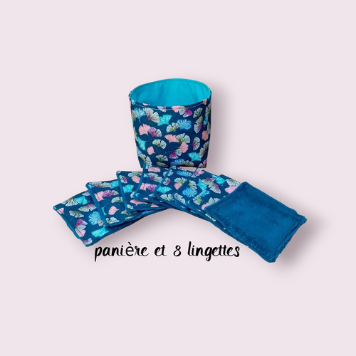 Panière et 8 lingettes lavables en éponge de bambou et coton certifié oekotex ginkgo vert paon