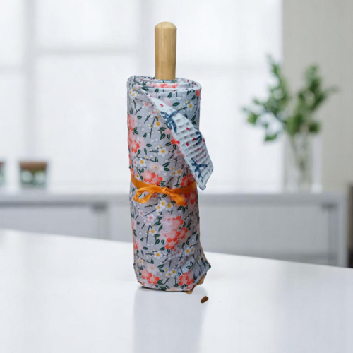 Essuie tout lavable 6 feuilles, coton doublé nid d'abeille modèle fleuri orange fond gris