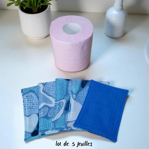 Papier toilette lavable, réutilisable en lot de 5 feuilles motif froufrou bleu