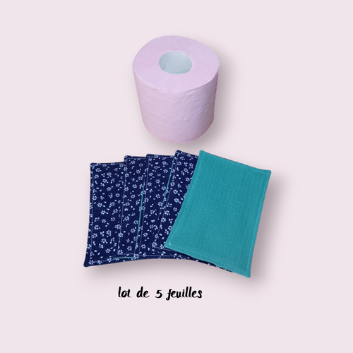 Papier toilette lavable, réutilisable en lot de 5 feuilles motif fleuris fond marine