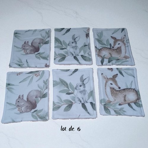 Lot de 6 débarbouillettes / grandes lingettes enfant coton et éponge bambou animaux de la forêt