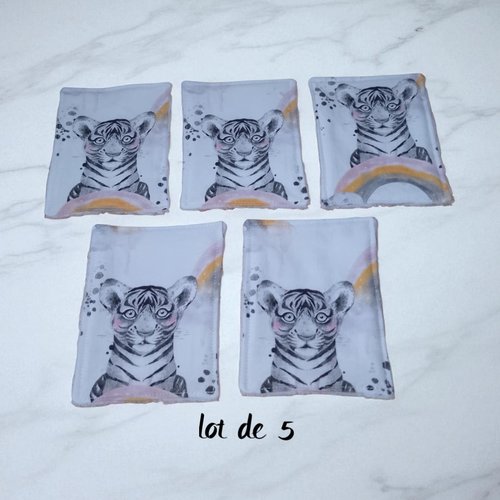 Lot de 5 débarbouillettes / grandes lingettes enfant coton et éponge modèle tigre