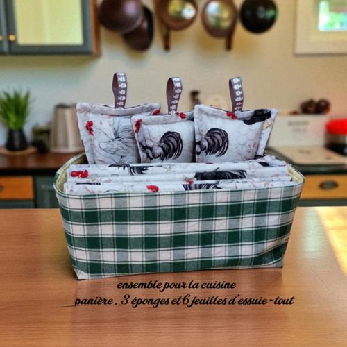 Kit cuisine zéro déchet, panière, 6 essuie-tout, 3 éponges lavables