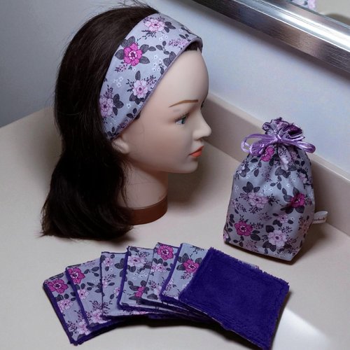 Kit beauté éco-responsable composé de 7 lingettes lavables, d’un bandeau de soin et d’un pochon de rangement en coton , modèle au ch