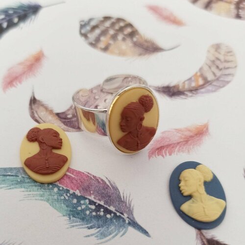 Bague camee retro vintage plaqué argent camée black lives matter portrait femme africaine afrique batik wax senegal mali femme noire congo