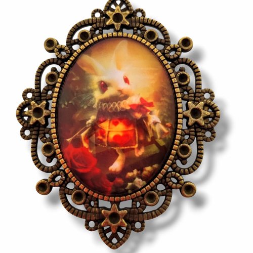 Broche camée alice et lapin blanc. bijou pays des merveilles.