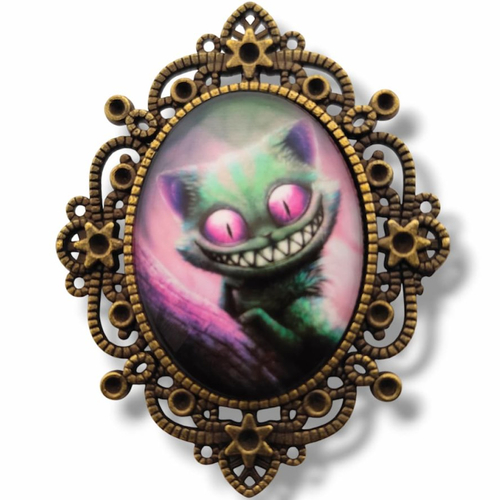 Broche chat du cheshire. accessoire vêtement femme. style pays des merveilles.