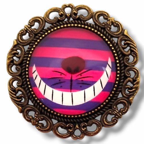 Broche camée alice portrait chat du cheshire rayé rose
