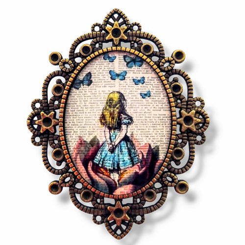 Broche cabochon inspiration alice - accessoire camée pays des merveilles - cadeau femme fait main.