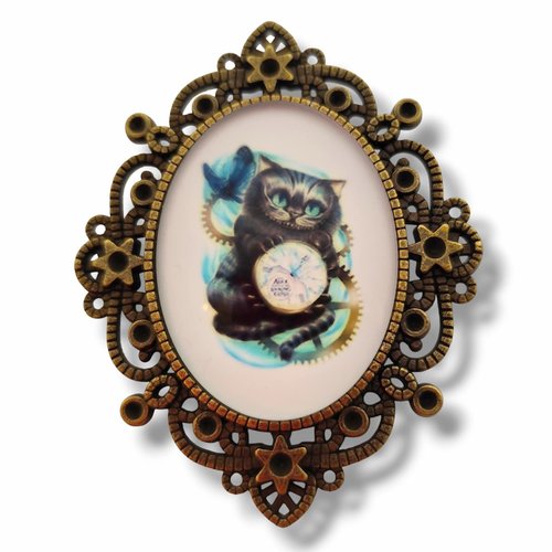 Broche cabochon alice chat du cheshire. accessoire pays des merveilles. cadeau fan lewis carroll