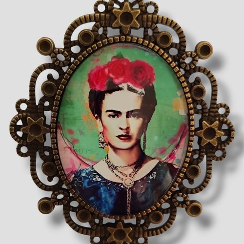 Broche camée portrait ovale frida kahlo retro vintage. grande dimension