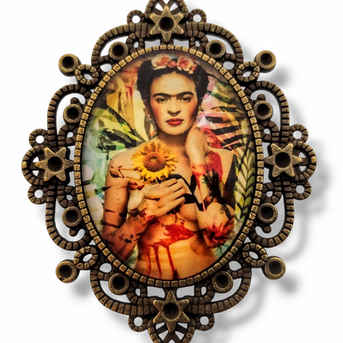 Broche camée ovale frida kahlo retro vintage tournesol. grande dimension