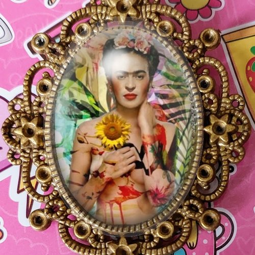 Broche camée ovale frida kahlo retro vintage tournesol. grande dimension