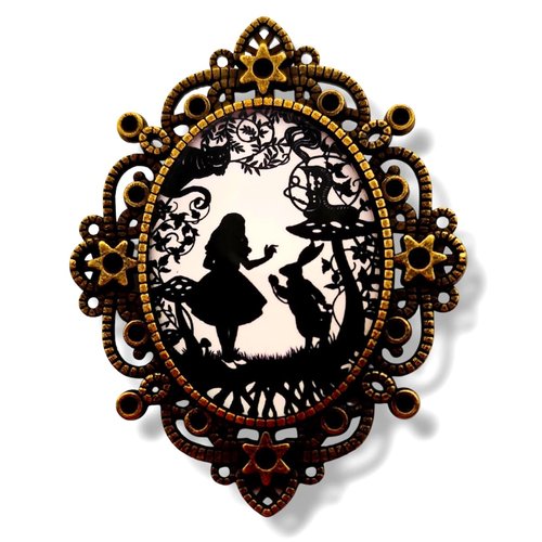 Broche alice et lapin blanc - accessoire grand format pays des merveilles - cadeau femme unique.