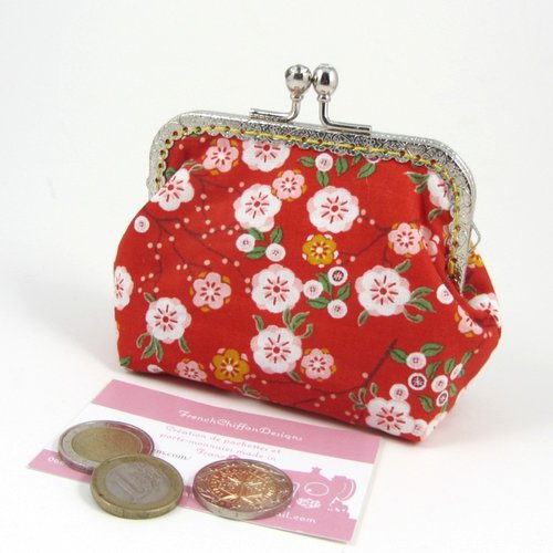 Porte monnaie en coton japonais rouge fleuri