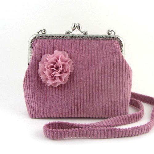 Petit sac à fermoir métallique en velours côtelé vieux rose, poche intérieure, sac de soirée