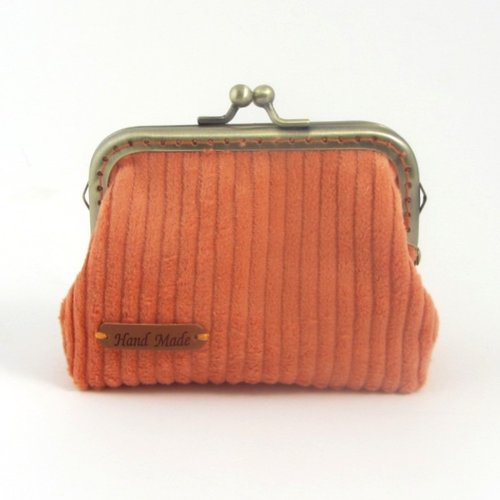 Porte monnaie en velours côtelé orange, porte carte à fermoir métallique