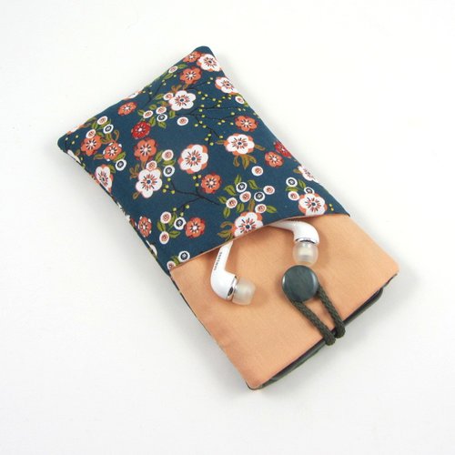 Etui i phone en coton japonais, poche pour écouteurs, étui boutonné