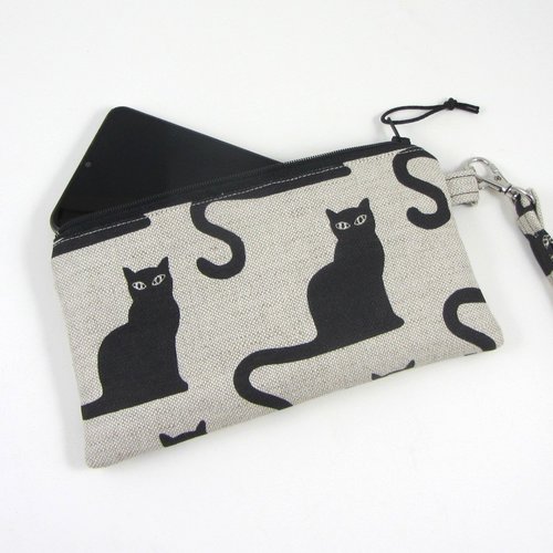 Etui portable chat noir, pochette en lin et coton