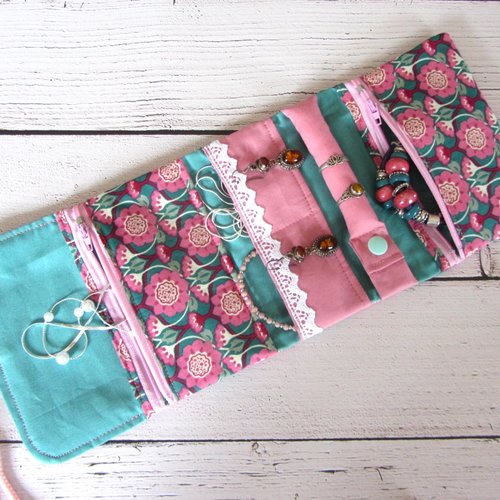 Pochette à bijoux de voyage fleurs, pochette pliant, poches zippées