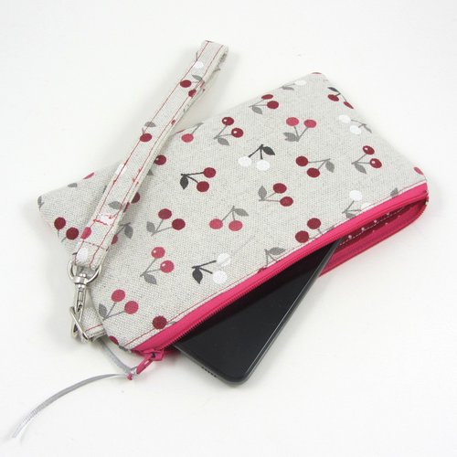 Etui telephone en tissu cerises, pochette avec anse de poignée