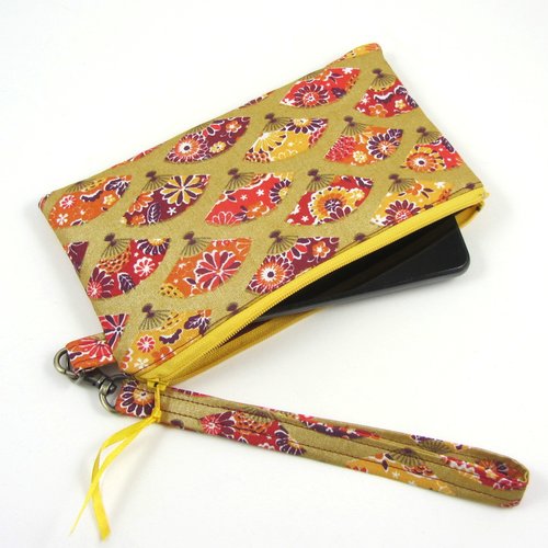 Etui telephone en tissu japonais, pochette avec anse de poignée