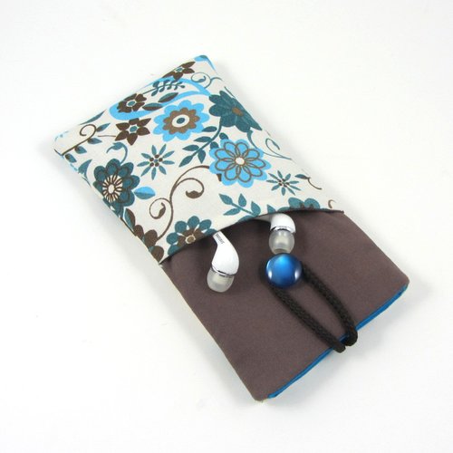 Etui telephone portable en coton fleurs, housse avec poche pour les écouteurs