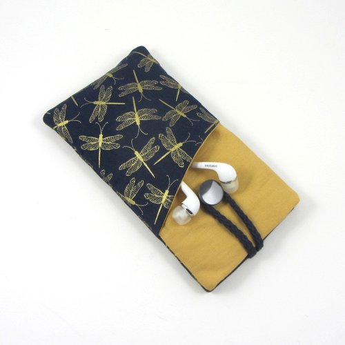 Etui portable libellule dorée , housse telephone avec poche pour les écouteurs