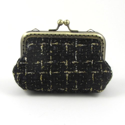 Porte monnaie en tissu tweed noir or