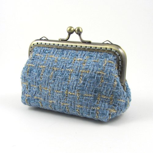 Porte monnaie en tissu tweed bleu or
