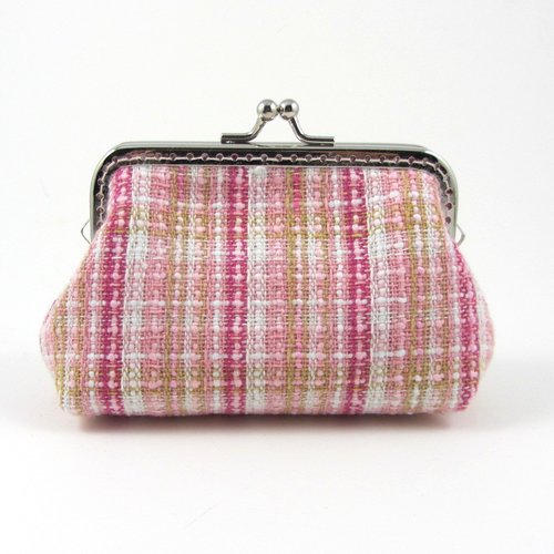 Porte monnaie en tissu tweed rose et rouge