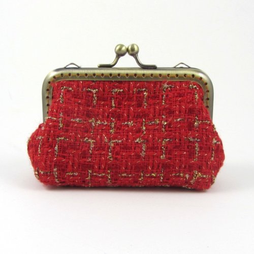 Porte monnaie en tissu tweed rouge et or
