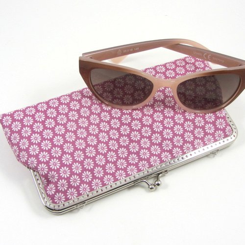 Étui à lunettes en coton rose et blanc, doublé et molletonné