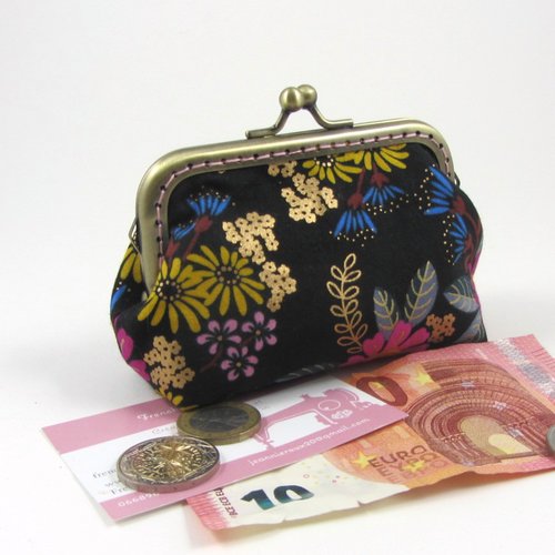 Porte monnaie à fermoir métallique noir fleuri reflets dorés