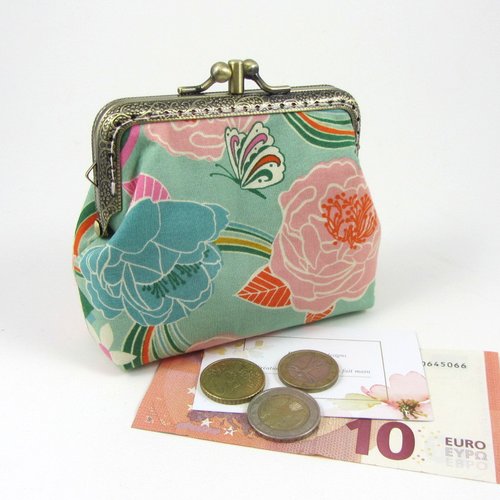 Porte monnaie à double compartiments en coton fleurs et papillons