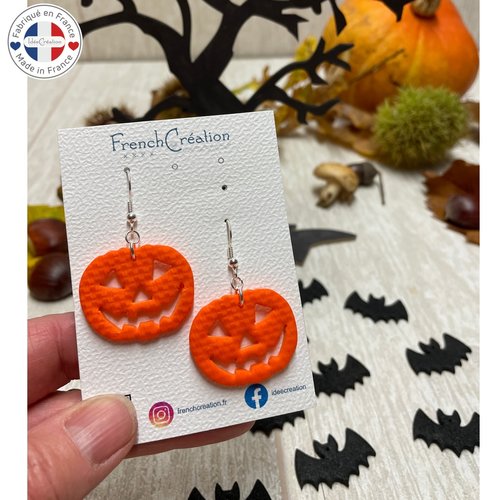 Boucles d'oreilles en argile polymère motif citrouille halloween entièrement faites main