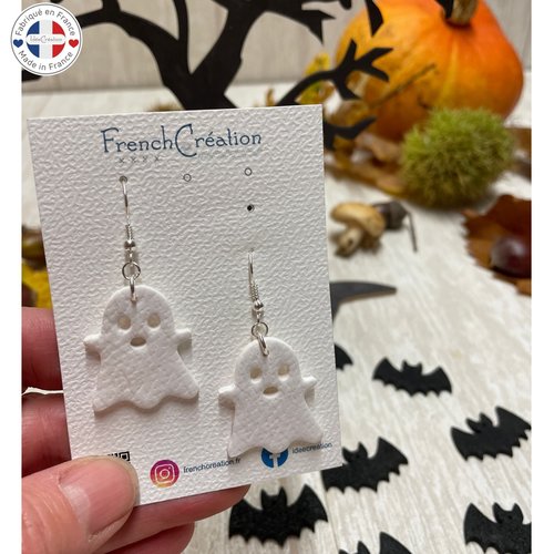 Boucles d'oreilles en argile polymère motif fantôme halloween entièrement faites main
