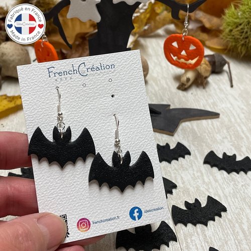 Boucles d'oreilles en argile polymère motif chauve souris halloween entièrement faites main