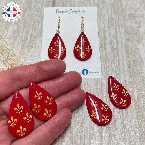 Accessoires pour boucles d'oreilles en polymère motif fleur de lys rouge et doré, lot de 2, perle plate, cabochon, intercalaire