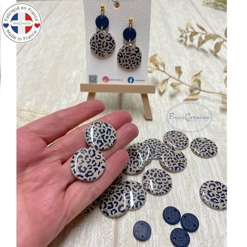Accessoires pour boucles d'oreilles en argile polymère motif léopard bleu marine, lot de 2, perle plate, cabochon, intercalaire