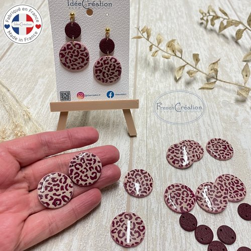 Accessoires pour boucles d'oreilles en argile polymère motif léopard bordeaux, lot de 2, perle plate, cabochon, intercalaire