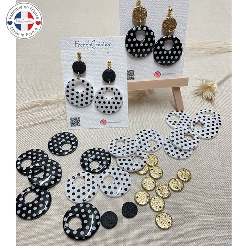 Accessoires pour boucles d'oreilles en argile polymère motif pois blanc ou noir, lot de 2, perle plate, cabochon, intercalaire, connecteur