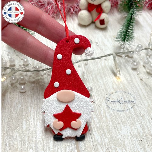 Gnome de noël à suspendre en argile polymère, déco de sapin,