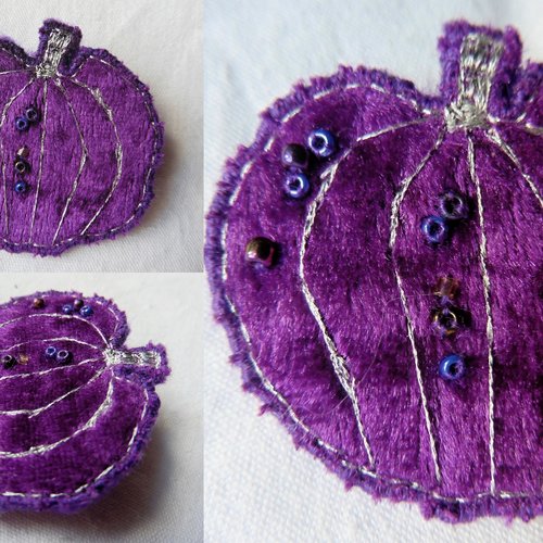 Broche textile citrouille velours violet, cucurbitacée, forêt, sorcière, halloween, nature