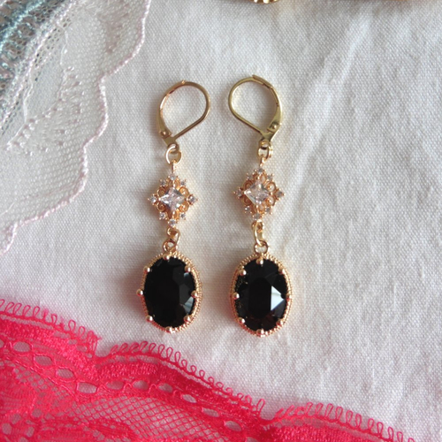 Boucles d'oreilles édouardiennes ovales noir or, dormeuses noire, régence, renaissance, vampire, gothique