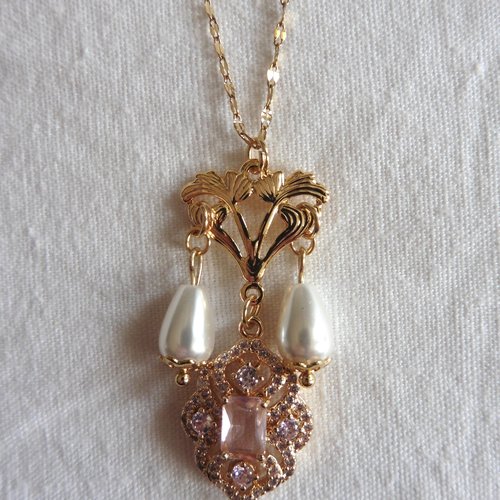 Collier art nouveau rose perles gouttes or, années folles, collier rose