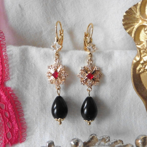 Richelieu boucles d'oreilles rouge et noir & perle goutte noire or
